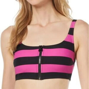 Michael Michael Kors Women's Black Pink Stripes Zip-Front Bikini Swim Top Size S